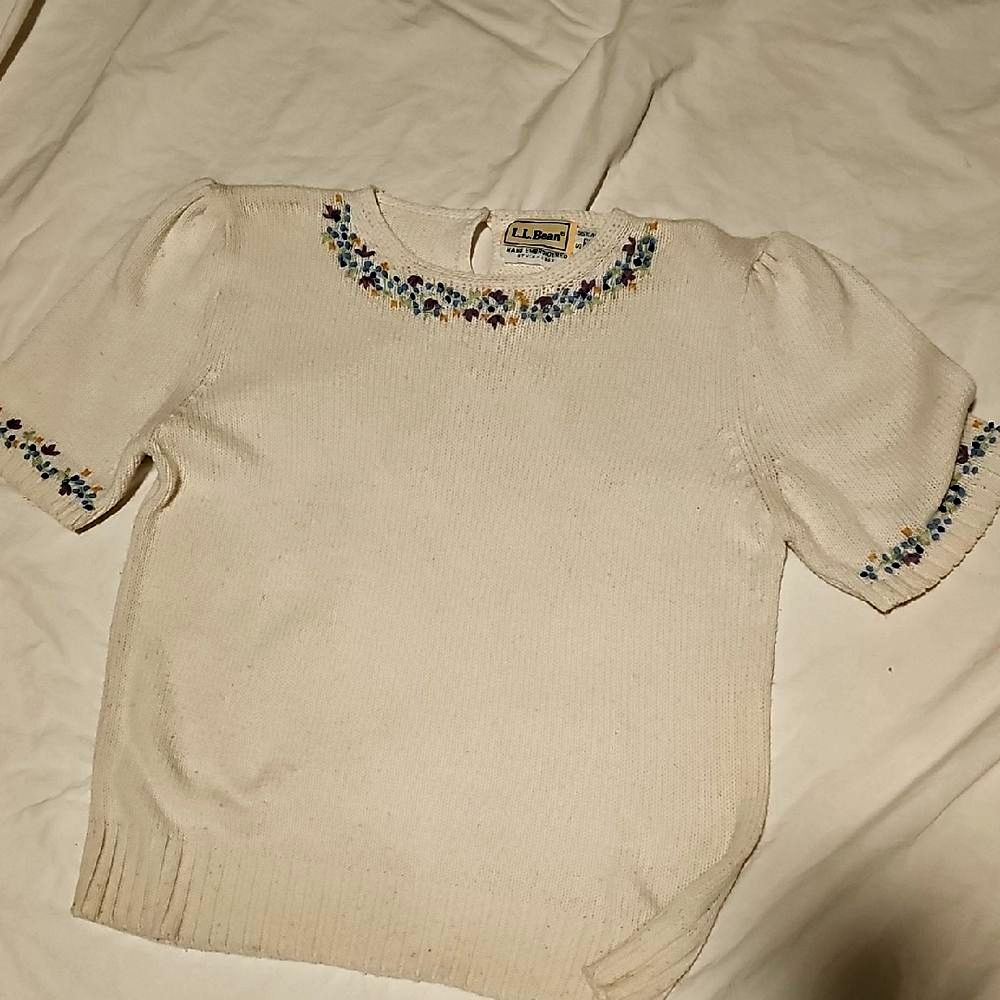 Vintage L.L.Bean Hand Embroidered Floral Sweater Cream Cotton Cottagecore - Picture 2 of 4
